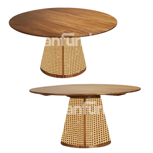 Mesa de Comedor Redonda Salasa con Tapa de Madera Natural y Base de Pedestal de Ratán Tejido - Product Image 5