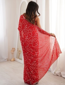 KV Women's Georgette <b>Red</b> Embellished Saree with Unstitched <b>Blouse</b> - Product Image 6