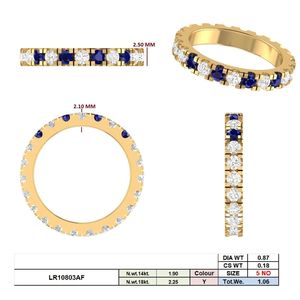 Elegante Anillo de Compromiso y Boda para Mujer en Oro Amarillo de 14K con Zafiro Azul Clásico Alternado y Diamante CVD Cultivado en Laboratorio con Baño de Rodio - Product Image 3