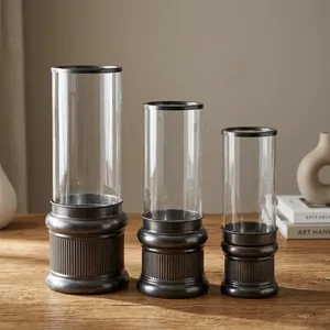 Ensemble de pots à bougies en verre cylindriques avec base en métal, décoration d'intérieur, vase vide pour usage intérieur - Product Image 3
