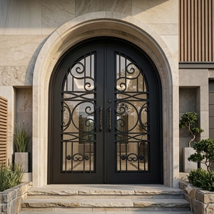 Royal Luxury Rust-resistant Wrought Iron Main Door Geometric Patterned Glass Panels Minimalist <b>Swing</b> Design Easy Assembly - Product Image 3