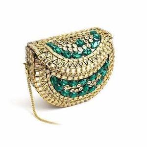 Plated Gold Embroidered <b>Clutch</b> <b>Bag</b> <b>Green</b> Beads Kundan Stones Antique Imitation Ethnic Gifts <b>for</b> <b>Weddings</b> Parties Uttar Pradesh - Product Image 1