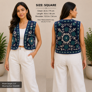 Nueva llegada: Chaleco vintage de terciopelo bordado floral estilo Suzani Kantha, chaqueta corta india para mujer con logo frontal y cuello en V. - Product Image 5