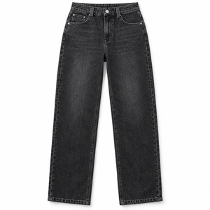 Jeans de mezclilla de cintura alta para mujer, corte recto, con presillas para cinturón, lavado negro - Product Image 1