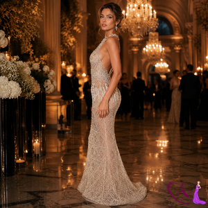 Vestido de noche con cuello halter y cuentas color champán para mujer |   Vestido de fiesta largo sin mangas estilo sirena |   Diseño Formal Hecho a Mano - Product Image 4