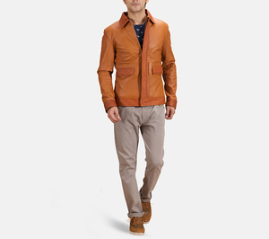 Men's Genuine <b>Leather</b> <b>Jacket</b> Solid Color Stand Collar Windproof Zipper Closure High Street <b>Winter</b> Style Regular Fit Front - Product Image 4