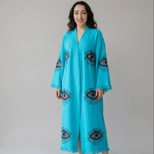 Vestido largo de algodón con cuello en V, mangas largas, diseño bordado, estilo vintage para fiesta, con volantes en el bajo. - Product Image 1