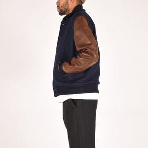 Veste universitaire en laine marine et cuir marron pour homme, style bomber classique, avec ourlet côtelé, poignets et fermeture à boutons-pression. - Product Image 6