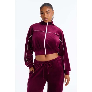 Women's <b>Burgundy</b> Velour <b>Cropped</b> Track Jacket With White Stripe Zipper Stand Collar Full Sleeve Casual Autumn Wear - Product Image 1