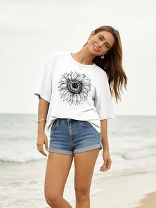 Women's White Cotton T-Shirt With <strong>Sunflower</strong> Print Loose Fit O-Neck Short Sleeve Casual Summer <strong>Top</strong> - Product Image 2