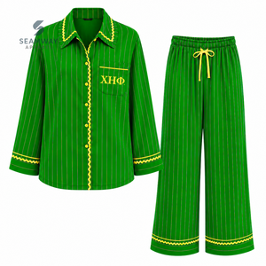 Chi Eta Phi Women's Green Pinstripe Pajama Set Button Front Long Sleeve Sleepwear Contrast Trim Lounge <b>PJs</b> With Drawstring Pants - Product Image 1