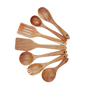 Ensemble d'ustensiles de cuisine en bois |   Cuillères, spatules, louches et spatules ajourées en bois naturel |   Ustensiles de cuisine antiadhésifs pour mélanger et frire - Product Image 1
