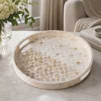 Plateau ottoman en os fait main avec incrustation de coquillages, décor floral/géométrique, plateau de service décoratif, plateau de table basse, design moderne style ferme