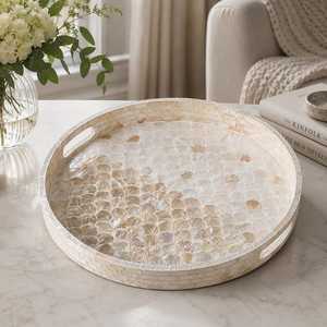 Handmade Mother of Pearl <b>Tray</b>, Shell Inlay Decorative Serving <b>Tray</b>, <b>Round</b> Coffee <b>Table</b> <b>Tray</b>, Luxury Housewarming Gift - Product Image 2