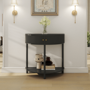Tavolo Console Demi-Luna Artigianale con Motivo a Onde, Finitura Grigio Scuro Unico, Design a Mezzaluna, Tavolino con 2 Vani Portaoggetti per Casa e Hotel - Product Image 1