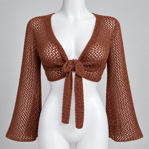 Top Corto de Punto para Mujer Primefield, Diseño Crochet, Color Sólido, Manga con Vuelo, Lazo Frontal, Estilo Casual de Verano - Product Image 1