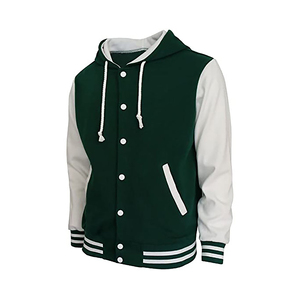 Custom High Street Varsity Hoodie Jacket Mens Green White Single Button <b>Stand</b> Collar Genuine Leather Drawstrings Ribbed Trim - Product Image 1