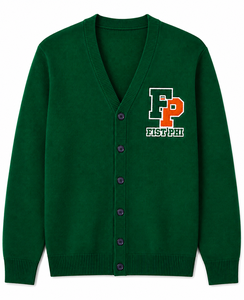 Cardigan en tricot vert pour femme FAMU, col en V, manches longues, logo FIST PHI brodé, style classique, vêtements universitaires personnalisés - Product Image 1