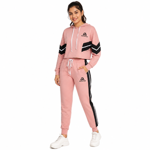 Womens <b>Pink</b> Regular Solid Fleece Cropped Hoodie & Jogger <b>Tracksuit</b> Set | Custom Logo Sportswear - Product Image 1