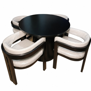 ชุดโต๊ะรับประทานอาหารไม้สักแท้ 5 ชิ้น ดีไซน์โค้งมน พร้อมเก้าอี้พนักพิงแบบแผ่นไม้ รุ่นพรีเมียม ทันสมัย แข็งแรงทนทาน ดีไซน์หรูหราสำหรับห้องรับประทานอาหารที่บ้าน - Product Image 1