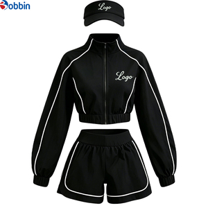 Custom Women's Spring/Summer 3-Piece Set Striped Zipper Sporty-Casual Sun-Protective Top Elastic-Waist Shorts & Sun <b>Hat</b> Outfits - Product Image 1