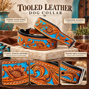 Collar de Cuero Turquesa Hecho a Mano para Perro, Acolchado, Estilo Western, con Grabados Florales |   Arnés Canino Ajustable de Alta Resistencia con Hebilla - Product Image 5