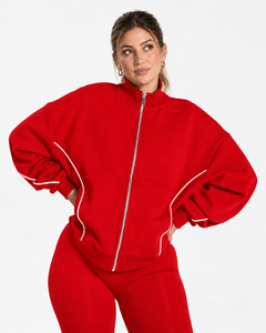 <b>Women's</b> Contrastline Full Zip Tracksuit Two Piece Casual Outfit Relaxed <b>Jacket</b> And Wide Leg Pants Matching Apparel Set Style - Product Image 3