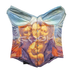 Corset en satin imprimé numérique Mona Lisa, coupe sablier sexy, personnalisé OEM/ODM, avec fermeture avant à agrafes - Product Image 4