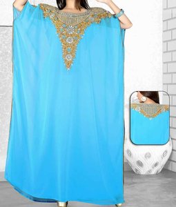 Abaya Azul Bordada de Cuello Alto, Larga hasta el Suelo, Talla Grande, Manga Larga, para Mujer, Estilo Modesto de Oriente Medio, de Poliéster, para la Noche - Product Image 1