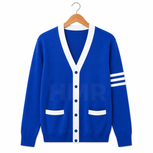 Cárdigan de Punto Acrílico para Mujer HMR, Azul y Blanco en Contraste, Manga Larga, Estilo Preppy, Suéter de Punto Jacquard - Product Image 5