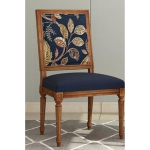 Luxury Handcrafted Solid Wood Dining Chair Square Leaf Print Backrest Navy Blue Upholstered <b>Seat</b> - Product Image 5