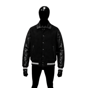 Chaqueta Varsity Personalizada de Lana Negra con Mangas de Cuero, Puños Acanalados a Rayas, Cierre Frontal con Botones a Presión, Chaqueta Letterman al por Mayor - Product Image 1