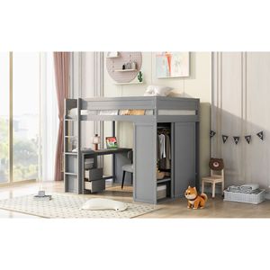 Letto a soppalco in legno a grandezza naturale con armadi e scrivania a 2 cassetti con mobiletto, colore grigio - Product Image 4