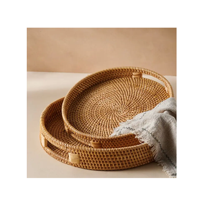 Customise Size & Design 2 pieces Boho Rattan Round Tray for <b>Coffee</b> <b>Table</b> Breakfast Bar Organizer Woven Rattan Tray - Product Image 1