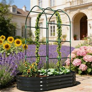 Fioriera Rialzata Grigio Scuro con Elegante Recinzione, Traliccio e Cancelli - Product Image 1