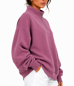 Sudadera de forro polar para mujer, oversize, con media cremallera, manga larga, color liso, hombros caídos, dobladillo asimétrico y cuello con capucha, para invierno - Product Image 4