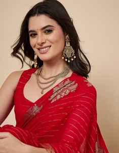 KV <b>Red</b> Georgette Woven Tassels Designer Saree With Unstitched <b>Blouse</b> - Product Image 6