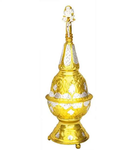Recipiente de oro pulido con medallones de cruz esmaltados en sus laterales para rituales de iglesia y templo, disponible al por mayor. - Product Image 3