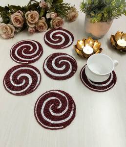 Handmade Beaded Coaster Set Of 6 Red White Spiral <b>Drinkware</b> Accessories For Coffee Drinking Bar Mats Classic Style Washable - Product Image 1