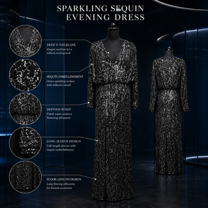 Robe de soirée noire à paillettes pour femmes |   Robe de soirée longue à manches longues et col en V, élégante, pour invitées de mariage, tenue de luxe - Product Image 5