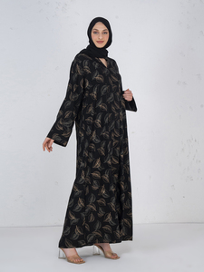 Ethnic Floral Digital Print Black Maxi Abaya with Matching <b>Hijab</b> Traditional Islamic Long Dress Modest Apparel for Women Wear - Product Image 1