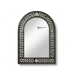 Espejo Rectangular de MDF con Incrustaciones de MOP, Diseño Art Deco con Patrón de Hojas en Blanco y Negro, Hecho a Mano, Ecológico, Decoración de Pared de Lujo para Bodas - Product Image 1