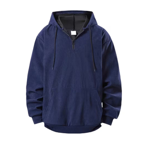 Sudadera con capucha de pana para hombre, con cremallera de un cuarto, oversize, color liso, informal, de otoño, manga larga, con diseño de bolsillos - Product Image 1
