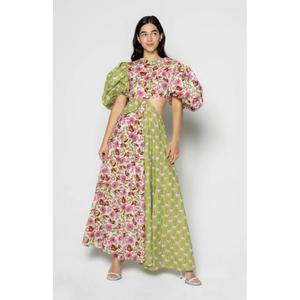 Robe longue bleue à imprimé audacieux avec une belle harmonie de couleurs et une fente latérale au niveau de la taille, pour un style moderne. - Product Image 1