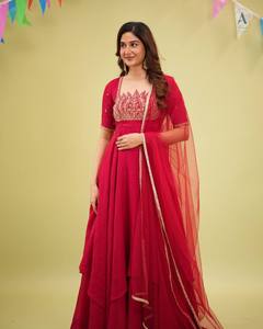 Crimson <b>Red</b> Crushed <b>Silk</b> Flared Anarkali Gown Heavy Gold Embroidered Crown Bust Set - Product Image 3