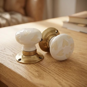 Ceramic Heart Pattern <b>Door</b> Knob Set Round Gold Base For Babies And Kids Scandinavian Style Easy Installation - Product Image 4