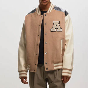 Veste universitaire pour homme en mélange de laine et de polyester beige crème, lettre A brodée, style preppy, col rabattu, vêtement d'automne - Product Image 1