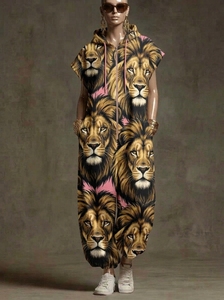 Combinaison à capuche zippée pour femme, jaune uni, sans manches, épaules dénudées, taille haute, coupe ample, longueur intégrale, style streetwear décontracté - Product Image 3
