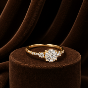 Anillo de Compromiso de Oro Amarillo de 14K con Corte Brillante Redondo, Anillo de Novia con Moissanita y Tres Diamantes - Product Image 6