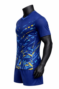 Ensemble de maillot de football pour homme, imprimé géométrique bleu, manches courtes, col rond, polyester respirant, coupe athlétique, toutes saisons, personnalisable - Product Image 2